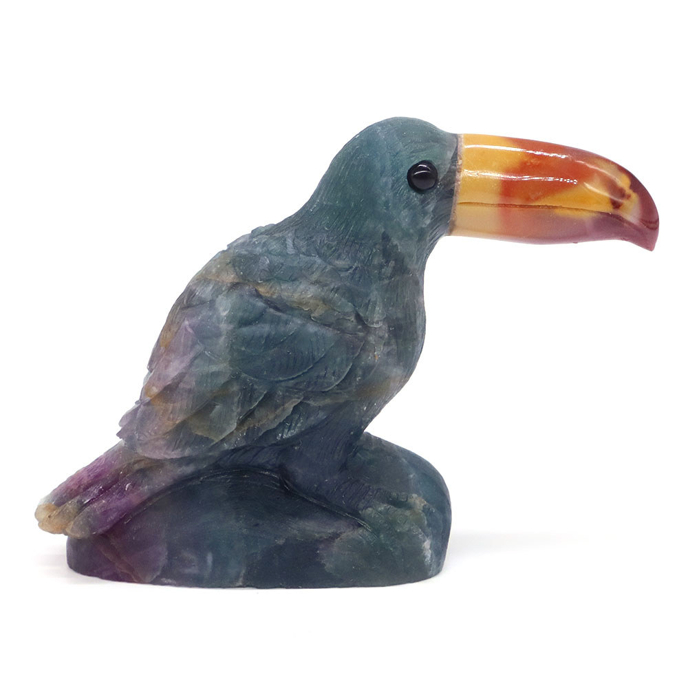 3.8" Natural Gemstone Fluorite Crytstal Toucan Statue Reiki Healing Stone Carving Animal Droll Bird