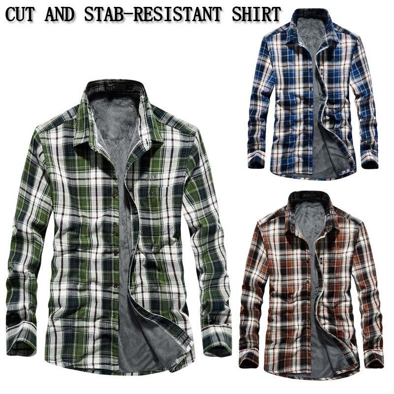 Male 3-Color Plaid Self-Defense Anti-Cutting Stab-Resistant Shirt Fashion Casual Flexible Police FBI