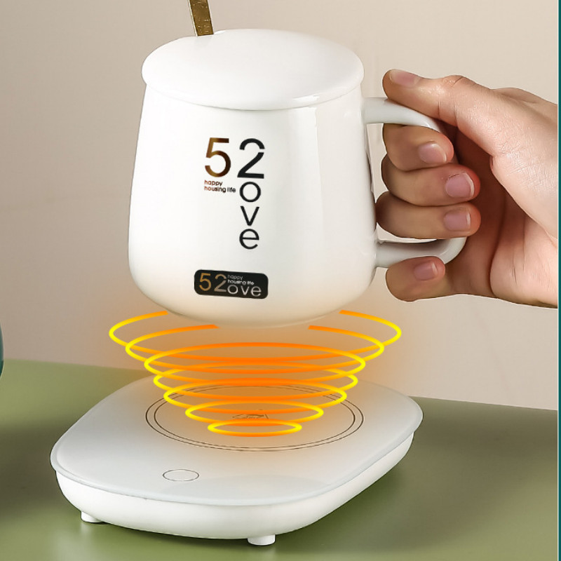 Mug Bertenaga USB Cangkir Kopi Keramik dengan Tutup Sendok Termostatik Pemanas Kopi Set Mug Listrik 
