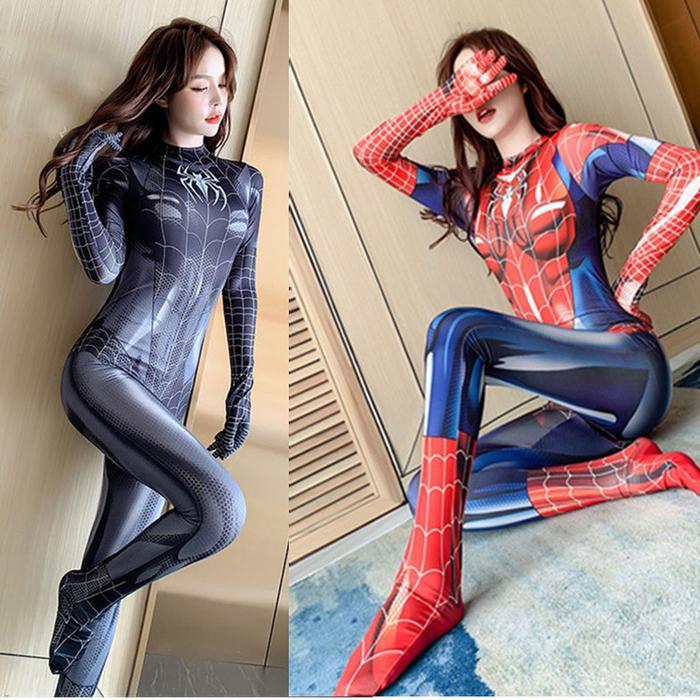 Halloween Dewasa Wanita Superhero Spiderman Kostum Set Jumpsuit Lingerie Cosplay