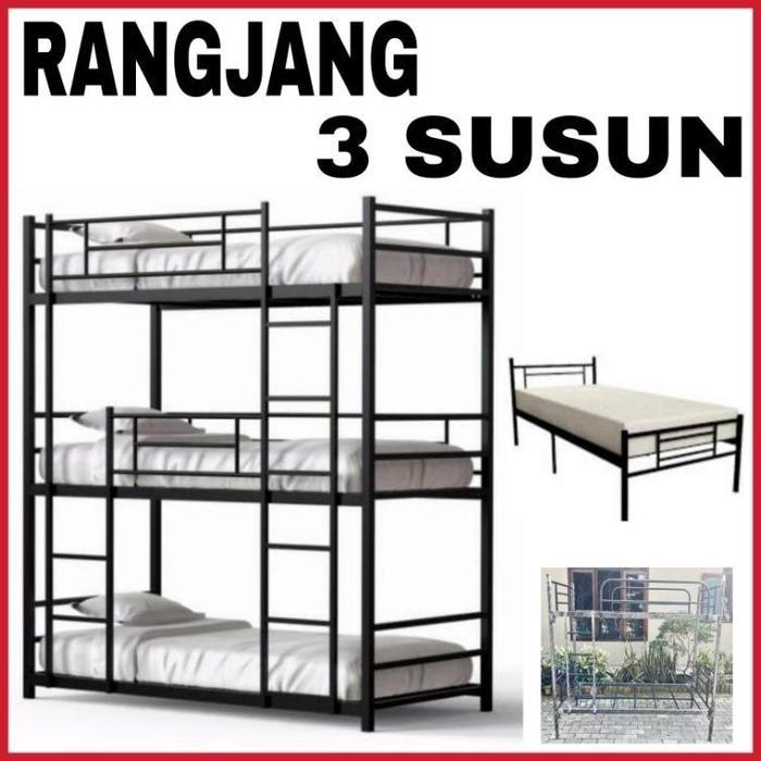 Menarik Ranjang 3 Susun Besi Ranjang Tingkat Bund Bed Kuat Tempat Tidur Tingkat - HITAM TANPA DUS, 3