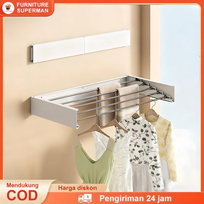 Rak Pakaian Jemuran Lipat Dinding Kecil 60/80/100CM Jemuran Baju Ruangan-Buka Tutup Pakaian Handuk