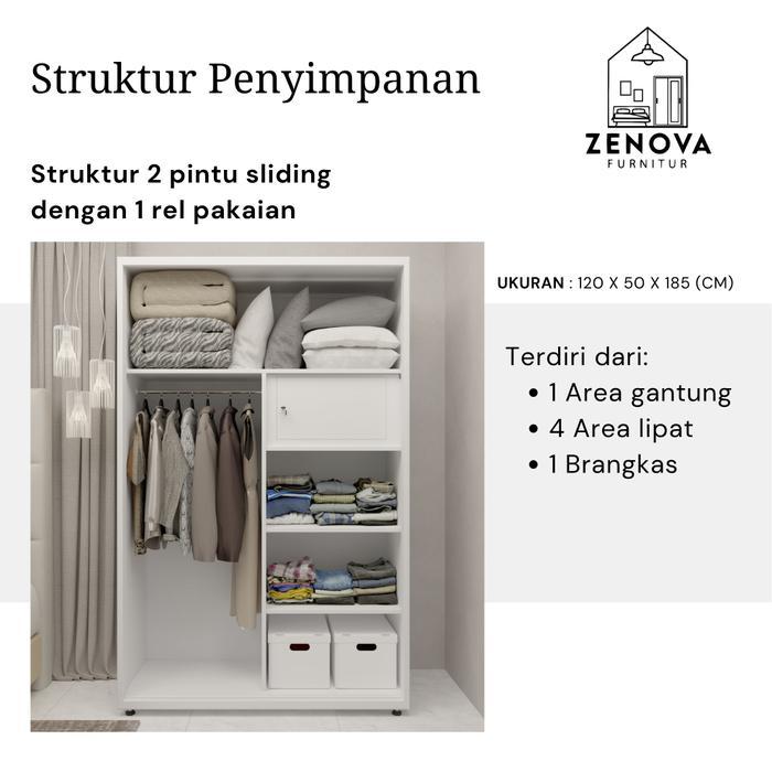 Zenova Lemari Kamar Tidur Besi Sliding 2 Pintu 120Cm - Pintu Geser + Cermin Panjang & Gantungan Anti