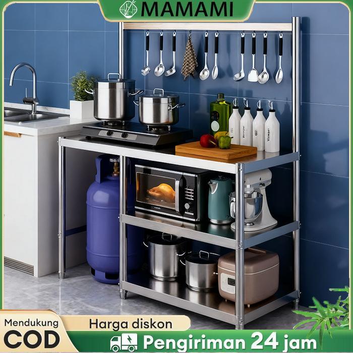 Meja Kompor Stainless Steel Meja Kompor 2 Tungku Rak Dapur Minimalis Serbaguna Rak Penyimpanan