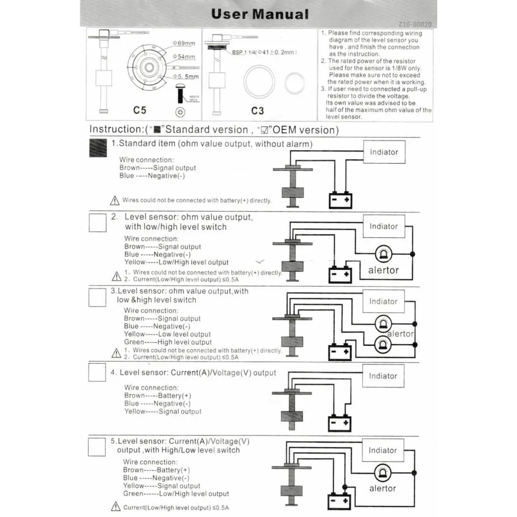 Water Level Gauge Water Level Sensor 52mm Water Level Meter Indicator With Red Light 100-500mm 0-190