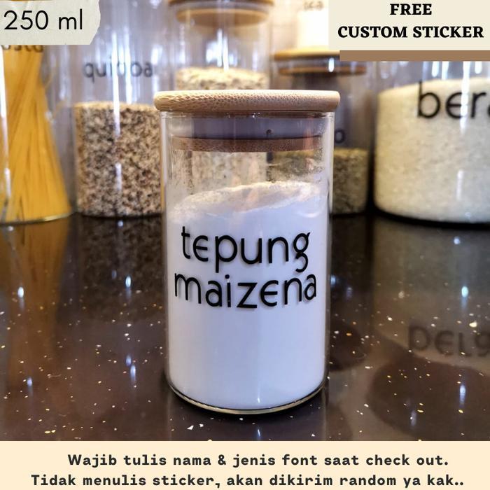 Toples Kaca Tutup Kayu Custom Stiker Tempat Bumbu Kecil SAYARAPI NARA 250ml
