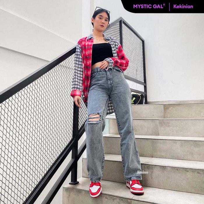 JINISO MYSTIC GAL - 848 LOOSE RIPPED HIGHWAIST CELANA JEANS WANITA WARNA SNOW GREY