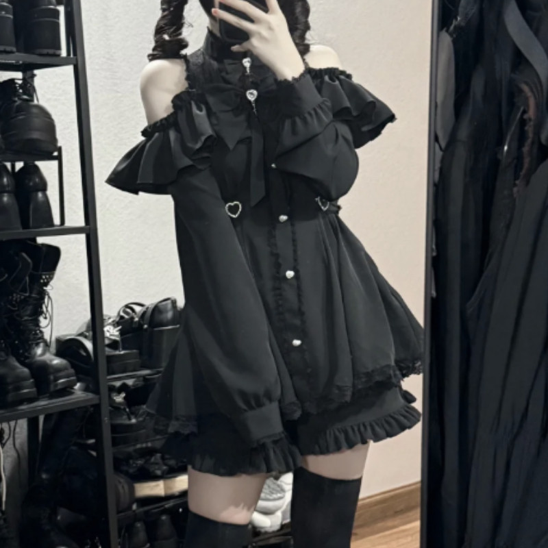 Japanese Gothic Y2K Lolita Style Bow Dress S Set Women Lace Ruffles Off Shoulder Button Shirts Dress