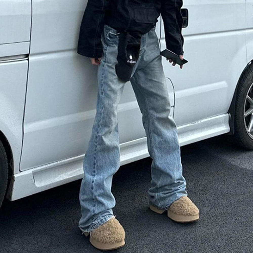 Harajuku Streetwear Washed Vintage Solid Jeans Men's Y2K Straight Baggy Flare Pants Unisex Oversized