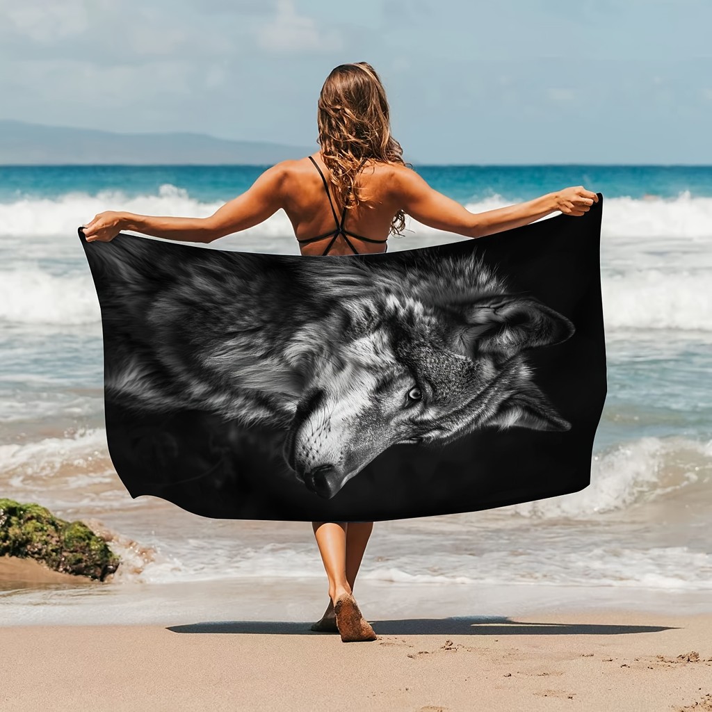 1pc Cool Wolf Pattern Beach Towel, Seaside Summer Microfiber Beach Towel Bath Towel, Beach Towel For
