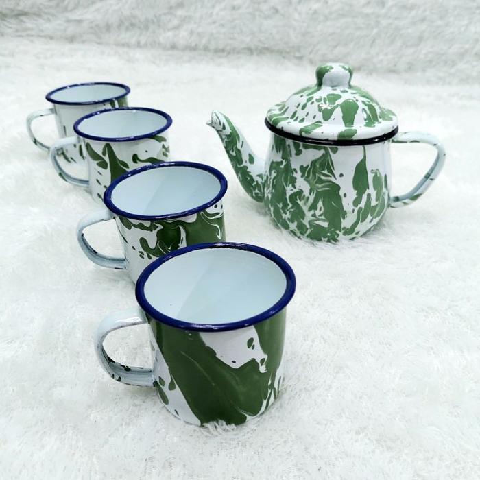 Set Teko Blirik Jadul Plus 4 Mug Tempat Air Ceret Lurik Blurik Cebol