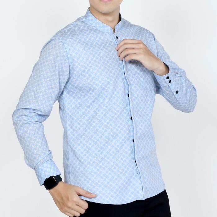 Baju Koko Muslim Kemeja Batik Pria Lengan Panjang Slim Fit Furing Ice Blue Biru Langit Hem Lebaran