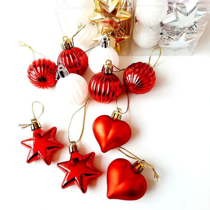 Bola Natal Mix Isi 10 Hiasan Bintang Hati Bola Natal Merah Putih Murah