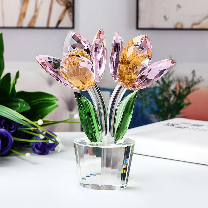 Patung Bunga Tulip Kristal Ornamen Penindih Kertas Bunga Kaca Patung Buket Tidak Pudar Hadiah Valent