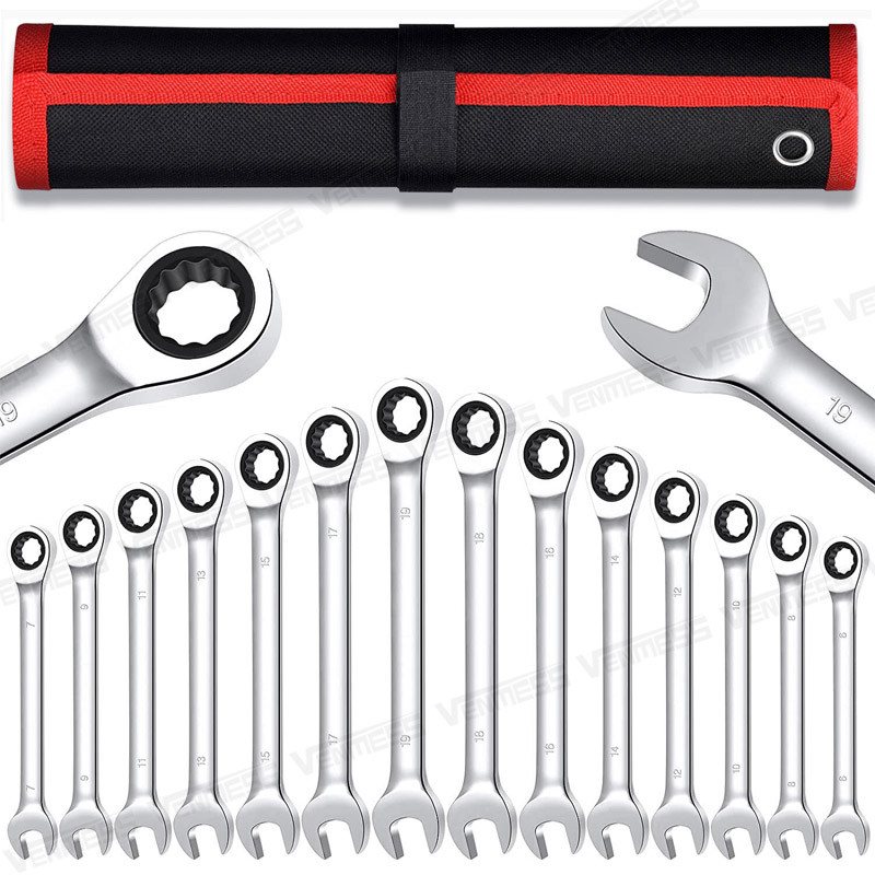 Set Kunci Pas Kombinasi Premium, Set Kunci Pas Ratcheting Metrik Set Kunci Pas 12 Titik Baja Vanadiu