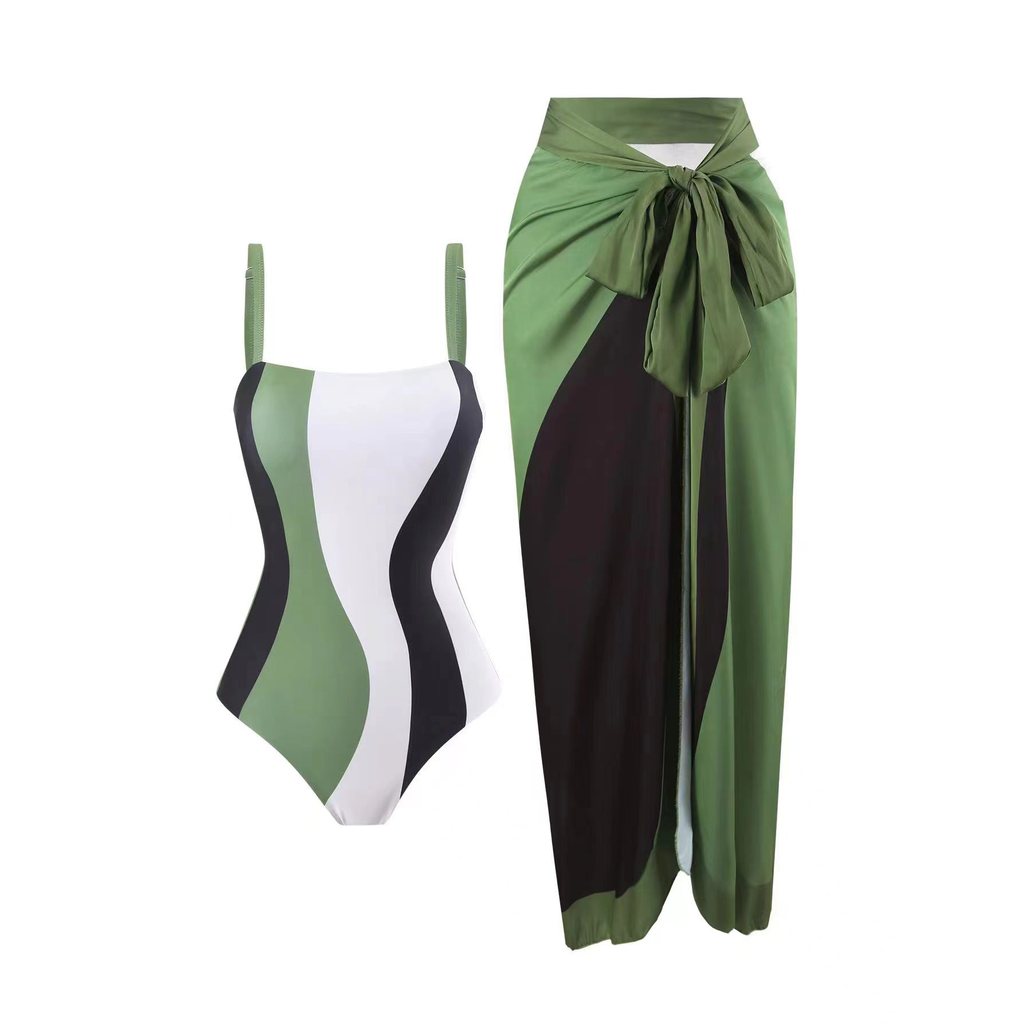 Summer New One-Piece Bikini Swimsuit, Women's Conservative Sunscreen One-Piece Gauze Skirt 2-Piece