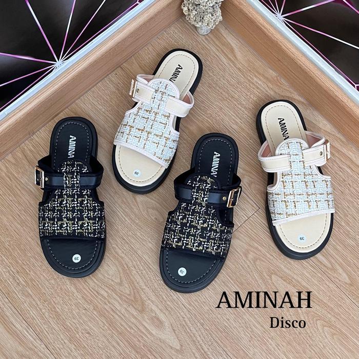 Aminah Disco Sandal Platform Wanita Tali Gesper Motif Rajut Trendy Flat Shoes