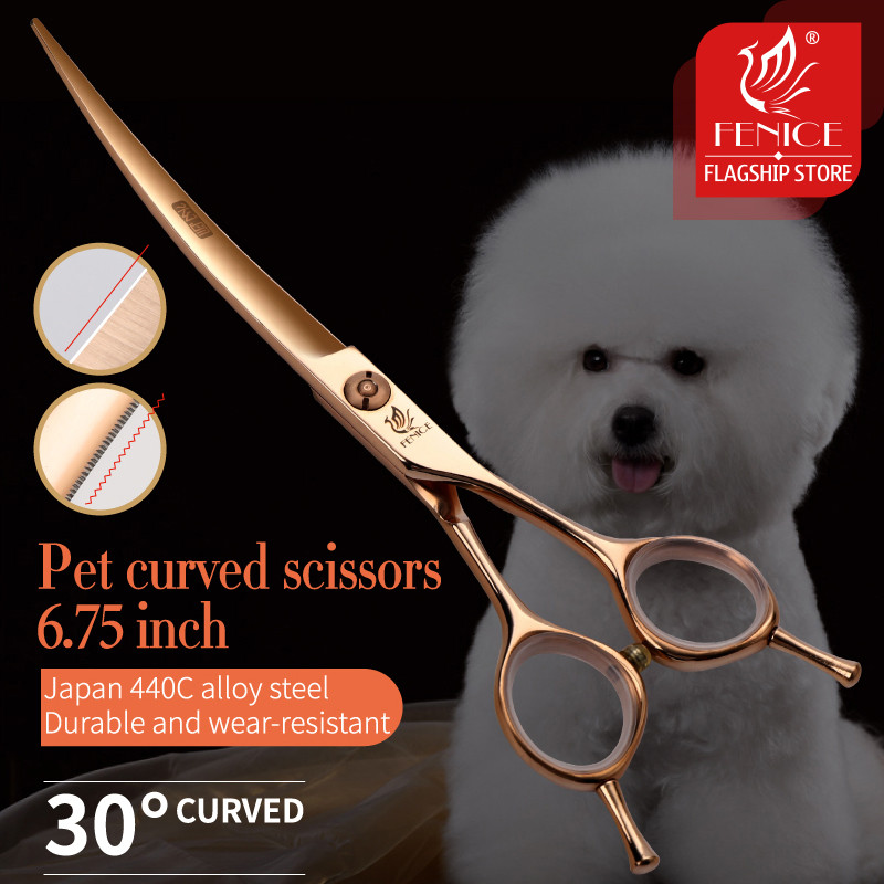 Fenice Professional 6.5/7 Inch Pet Curved Grooming Scissors serrated blade with saw Pet Scissors