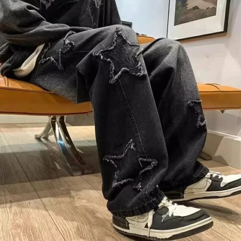2025 New Fashion Stars Towel Embroidery Brown Men Jeans Pants Y2K Clothes Straight Hip Hop Cotton