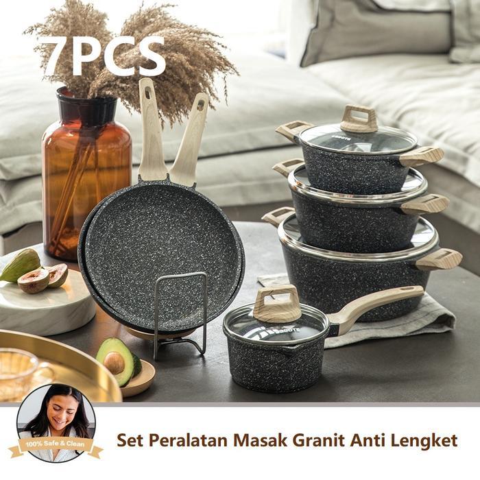 TERLARIS 7PCS Set Peralatan Masak Granit Anti Lengket/Tiga warna kopi, Putih, Hitam/Peralatan Masak
