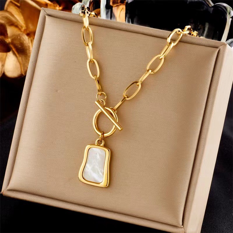 316L Stainless Steel Geometric Trapezoidal Pearl Oyster Pendant Necklace For Women New Ot Buckle
