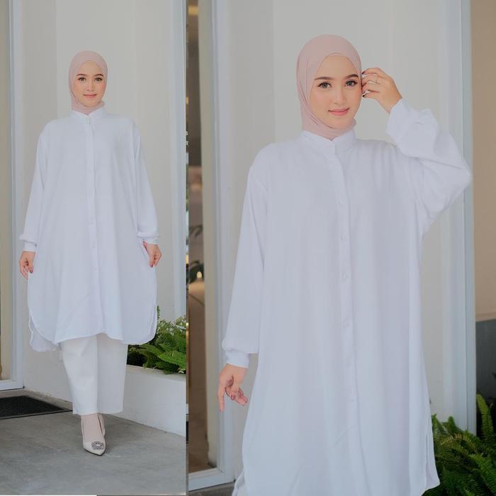 Tunik Wanita Panjang Putih XL XXL Jumbo LD 130 140 CM Bahan Crinkle Airflow Premium Adem Halus