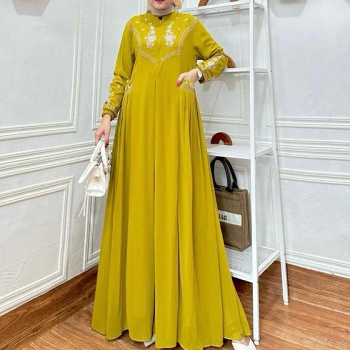 Leony Gamis Dress Bordir Wanita Muslimah Bahan Crinkle Airflow Premium