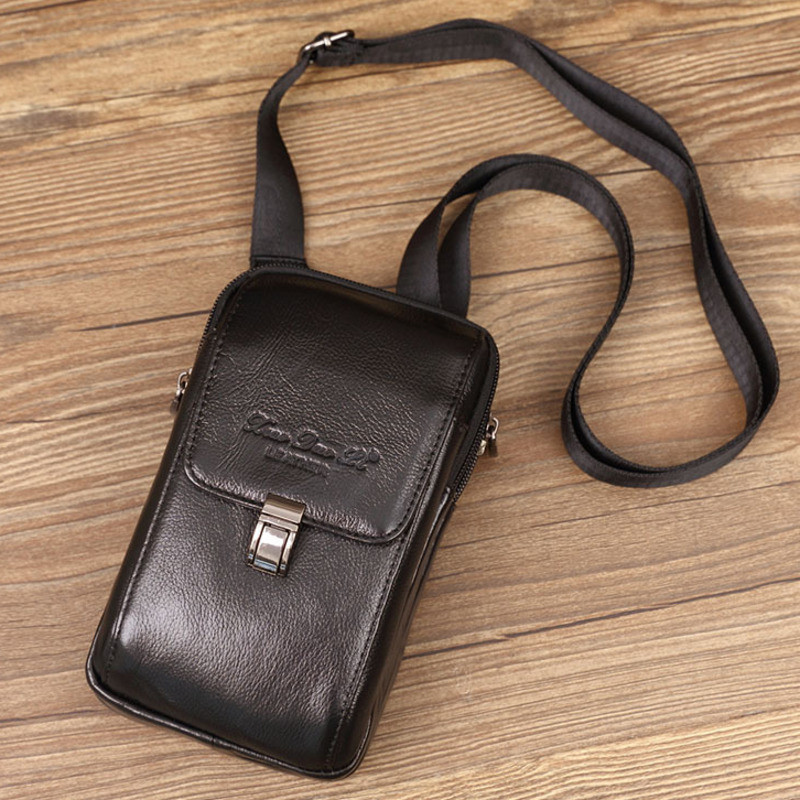 Men Messeger Bag Genuine Leather Flap Solid Multifunction Crossbody Phone Pouch Mobile Phone Credit