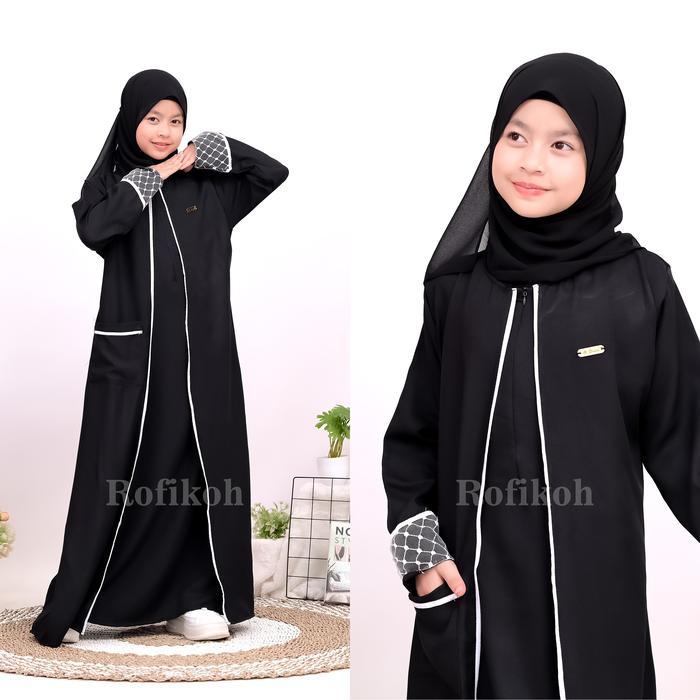 Gamis Abaya Hitam Anak Perempuan 11 12 13 14 15 16 17 Tahun Liyana Syar'i Set Pashmina Bahan Ceruty