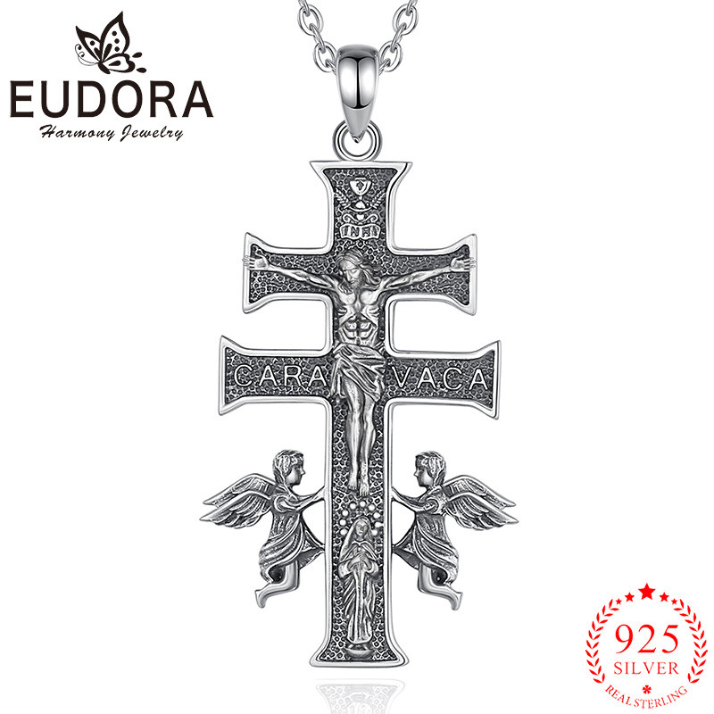 Eudora 925 Sterling Silver Caravaca Cross Necklace Jesus Angel Vintage Amulet Pendant Men Religious