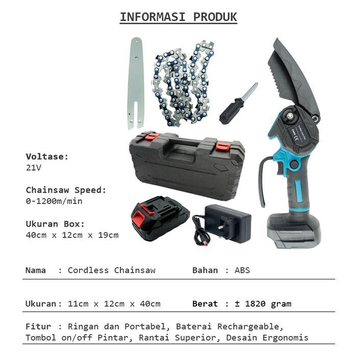 ELITEINDO Mesin Gergaji Listrik Baterai Mini Pemotong Kayu Serbaguna Cordless Chainsaw G10E1