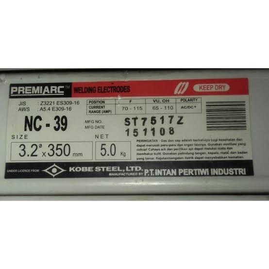 Kawat Las Stainless Kobe NC-39 Kobe Premiarc NC-39 Kobe Steel NC39 AWS E-309 (5 KG)