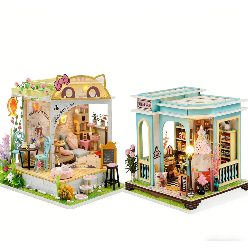 2-in-1 DIY Miniature House Kits - Cat Caf Backyard & Tailor Shop 3D Wooden Puzzle Handmade Creative