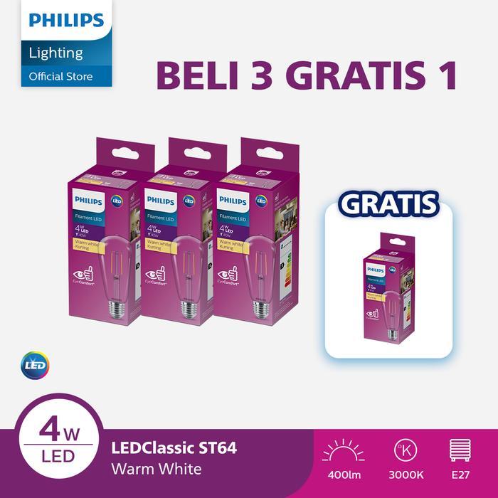 Paket Lampu Philips Beli 3 Dapat 4 Lampu Philips Filament Bohlam LED 4W ST64 E27 Kuning