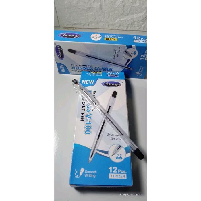 [1 pak] ballpoint pen HONAGA V-100 tinta hitam isi 12 pcs 0.5mm pulpen fine needle tip murah
