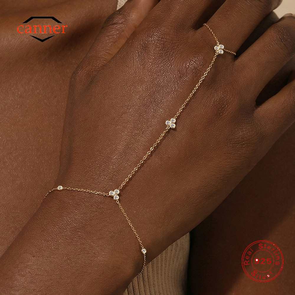 CANNER 925 Sterling Silver Classic Simple CZ Bracelet Ring Chain For Women Flower Butterfly