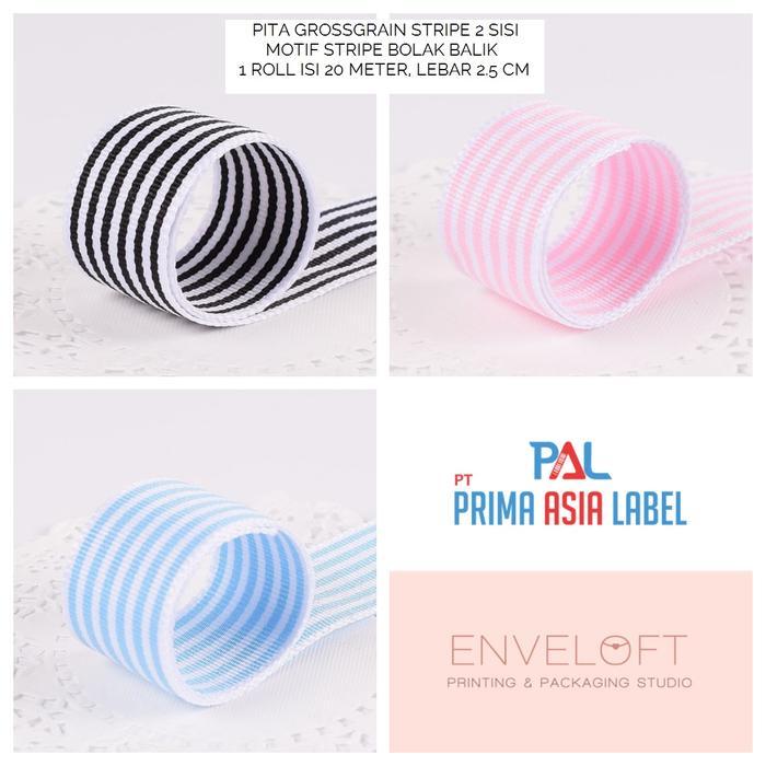 Pita grossgrain grosgrain motif garis stripe putih hitam pink biru