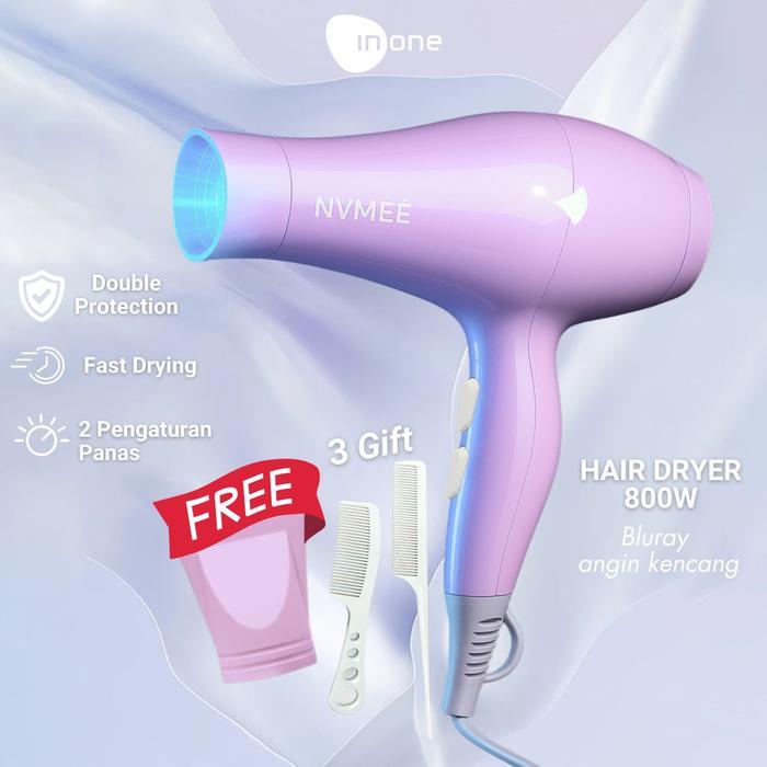 (Cod) Terviral Inone Hairdryer Rambut Warna Ungu Lilac Ion Blueray 850W Pengering Rambut Termurah