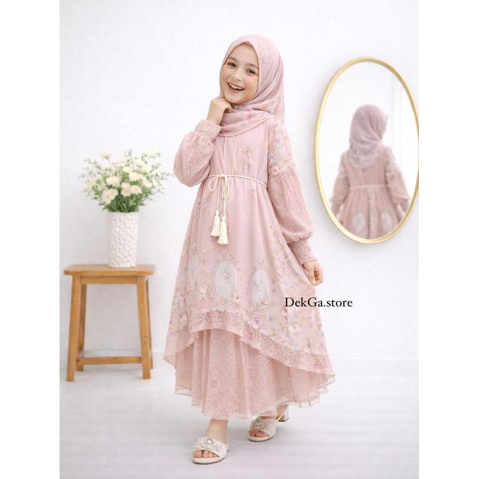 2-12Tahun Gamis Anak Syari Lebaran Gamis Trend Terbaru Anak Perempuan Lengan Brokat