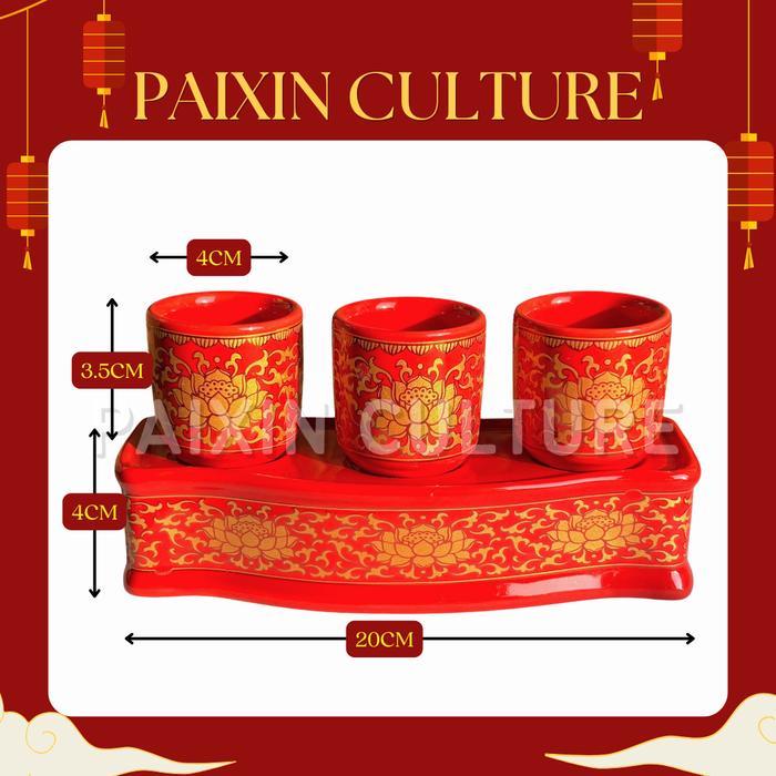 Best Seller Cangkir Set Keramik Altar Sembahyang / Cangkir Set Keramik Merah Motif Teratai /Lianhua