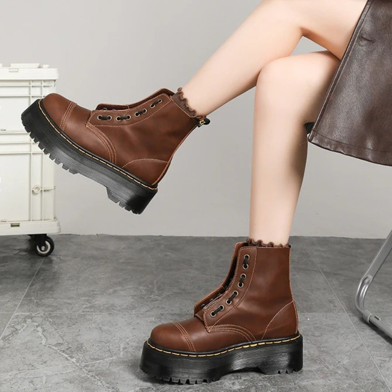 High Quality Platform Leather Ankle Boots Motorcycle Boots Large Size Women Shoes Black Boots Shoes