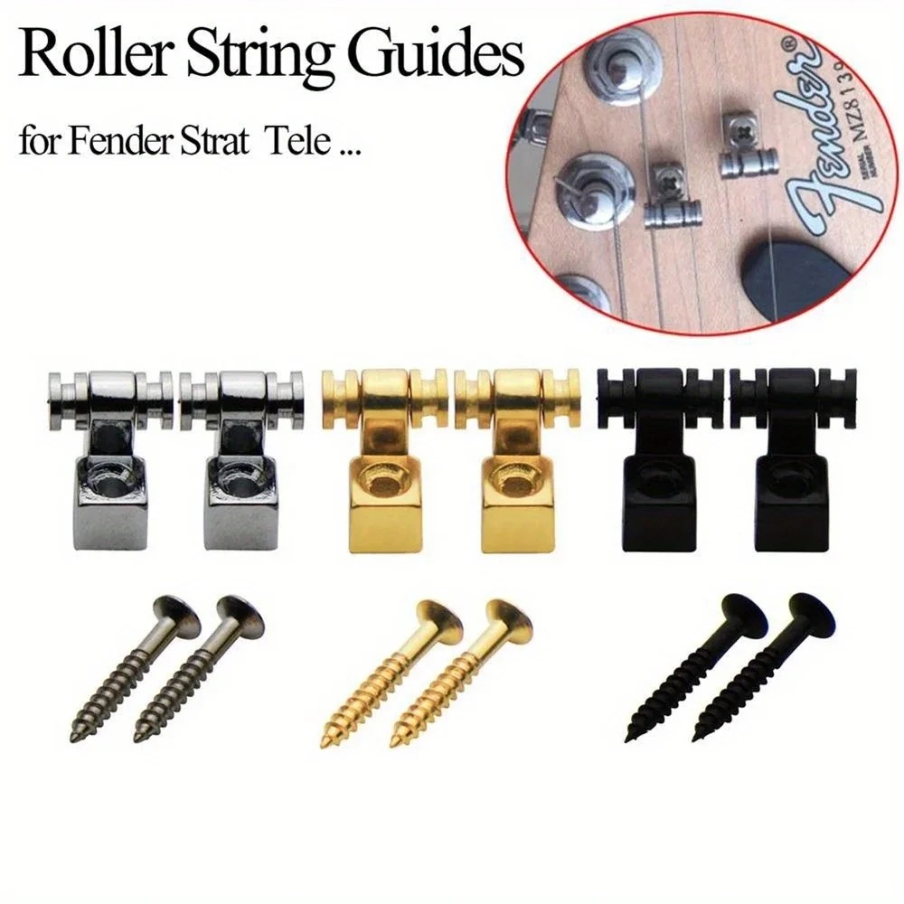 2Pcs Electric Guitar Chrome Roller String Trees Retainer Mounting Tree Guide Siery Black Golden 3