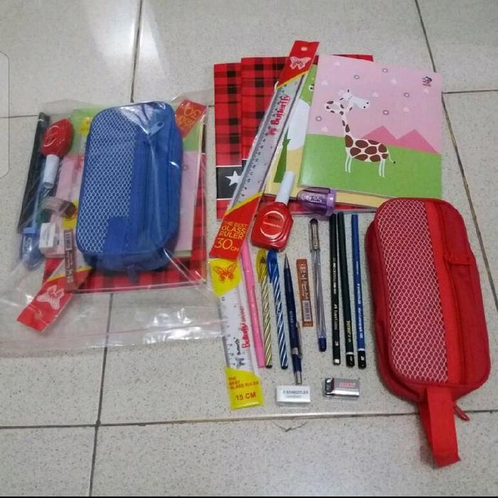 Set Alat Tulis Lengkap dengan Kotak Pensil Biru dan Merah, Pensil, Pensil Warna, dan Alat Tulis