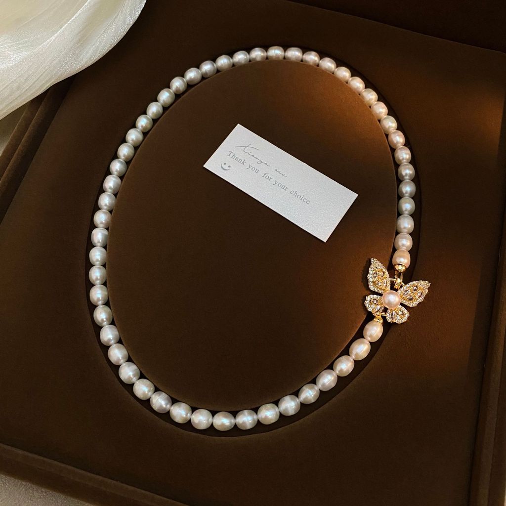 Elegant Butterfly Shiny Crystal Natural Freshwater Pearl 14K Gold Filled Female Choker Necklace