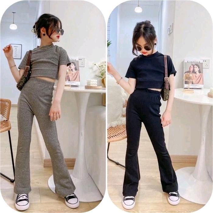 Js27 one set setelan baju anak perempuan celana cutbray + crop polos