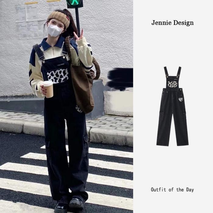 XJ0072 Cinta Sapi Bordir Tali Jeans Wanita Lurus Lebar Kaki Longgar Celana Panjang Pendek Hitam