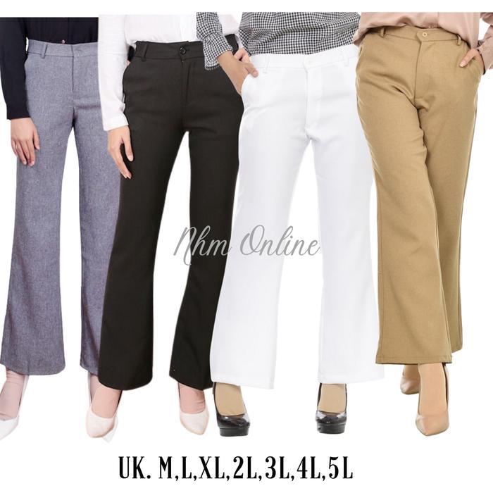 NHM Celana Panjang Wanita Cutbray, Celana Bahan Gracella Coklat Kaki Kancing Melar Kulot Hitam Linen