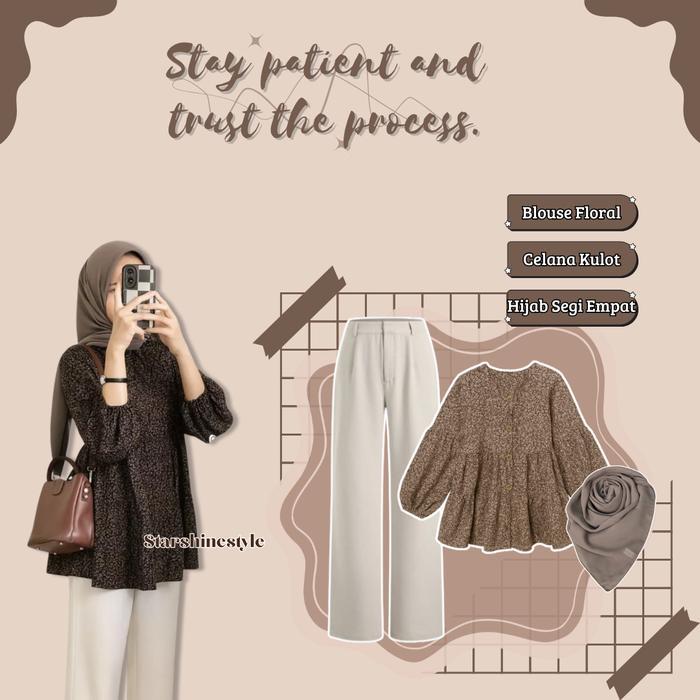 Indah - OOTD Remaja Wanita Kekinian [ Blouse Floral, Celana Kulot, Hijab Segi Empat ] One Set
