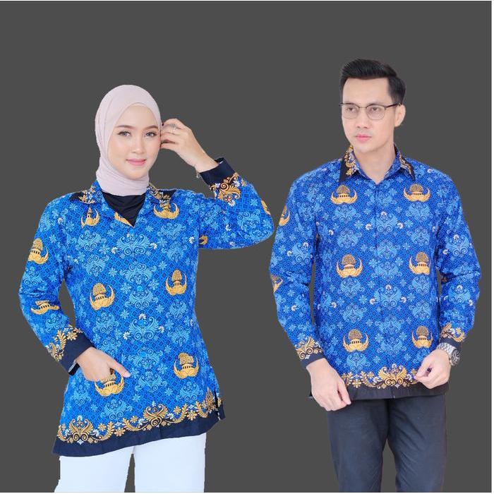 Kemeja Panjang Korpri Terbaru Krah Hitam Lapis Furing Full Pria Wanita Blouse Biru Kantor Putih