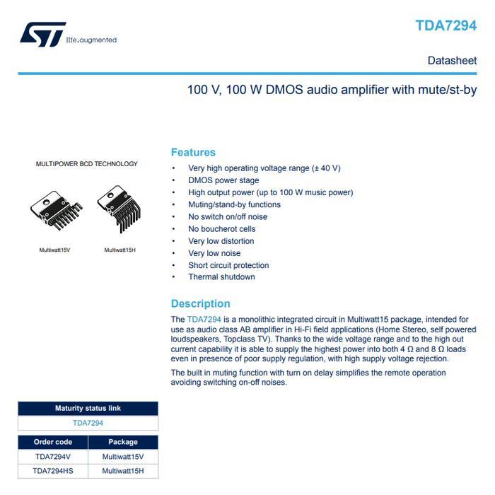 Ic Tda7294 100W Hifi Class-Ab Ultra Low Noise/Thd High Power Amplifier